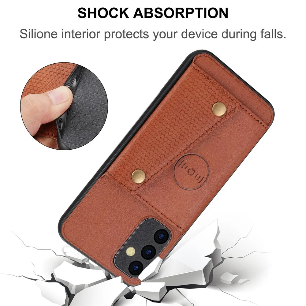 For Samsung Galaxy A14 5G / A14 4G Dual Button Card Slots Leather Coated TPU Case Car Mount Metal Sheet Kickstand Phone Cover - Black - 7