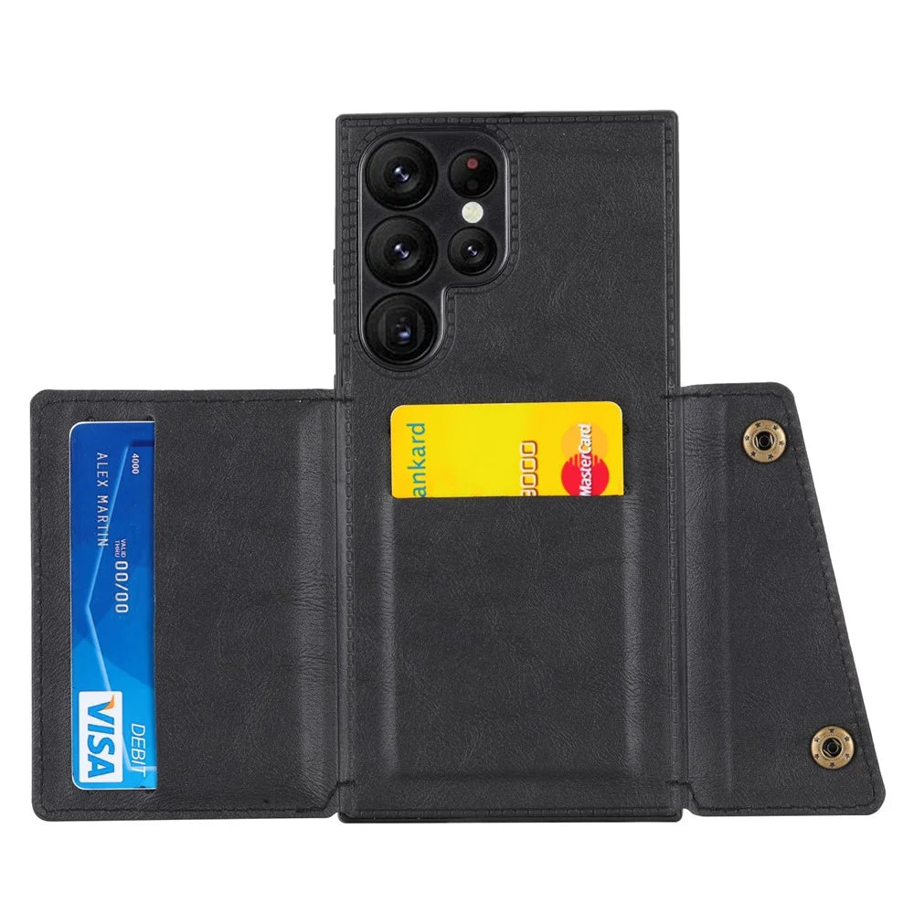 For Samsung Galaxy S23 Ultra PU Leather Coated TPU Back Case Card Slots Kickstand Phone Shockproof Cover with Built-in Metal Sheet - Black - 2