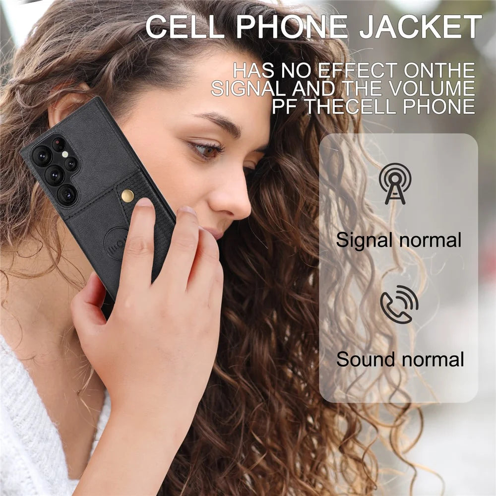 For Samsung Galaxy S23 Ultra PU Leather Coated TPU Back Case Card Slots Kickstand Phone Shockproof Cover with Built-in Metal Sheet - Black - 4