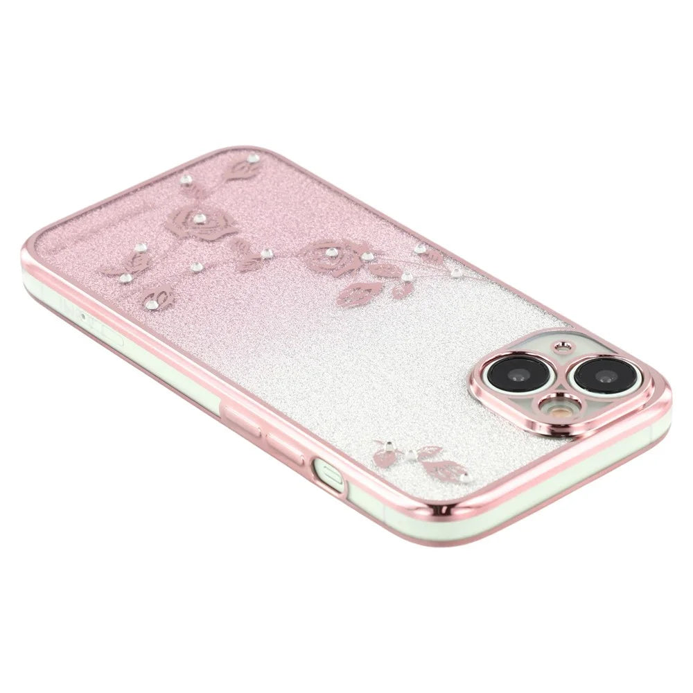 KADEM For iPhone 14 Gradient Glitter Powder Flexible TPU Back Cover Rhinestone Decor Flower Design Drop-proof Case - Rose Gold - 3