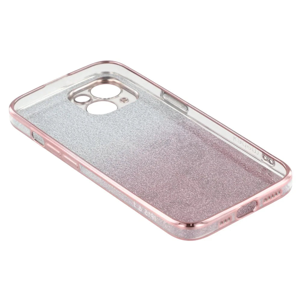 KADEM For iPhone 14 Gradient Glitter Powder Flexible TPU Back Cover Rhinestone Decor Flower Design Drop-proof Case - Rose Gold - 4