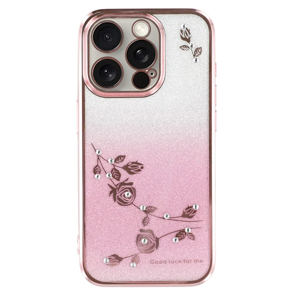 KADEM Rhinestone Decor Flower Pattern TPU Cover for iPhone 12 Pro Max 6.7 inch, Stylish Gradient Glitter Powder Anti-drop Back Case - Rose Gold - 1