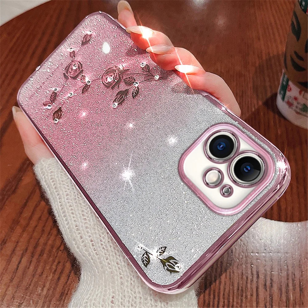 KADEM Gradient Glitter Powder TPU Cover for iPhone 12 6.1 inch, Rhinestone Decor Flower Pattern Anti-drop Protective Case - Rose Gold - 3