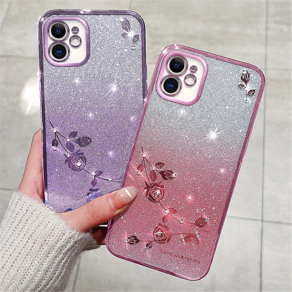 KADEM Gradient Glitter Powder TPU Cover for iPhone 12 6.1 inch, Rhinestone Decor Flower Pattern Anti-drop Protective Case - Rose Gold - 5