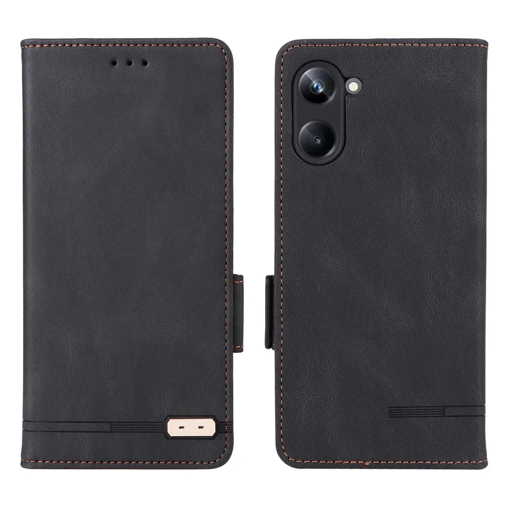 For Realme 10 Pro 5G Hardware Decor Dual Magnetic Clasp Anti-scratch Phone Cover Wallet Stand Anti-drop PU Leather Phone Case - Black - 1