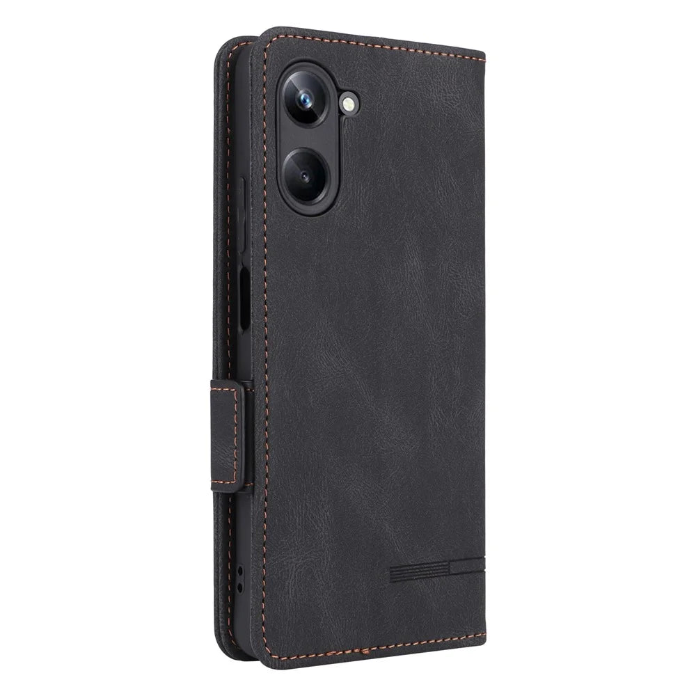 For Realme 10 Pro 5G Hardware Decor Dual Magnetic Clasp Anti-scratch Phone Cover Wallet Stand Anti-drop PU Leather Phone Case - Black - 7