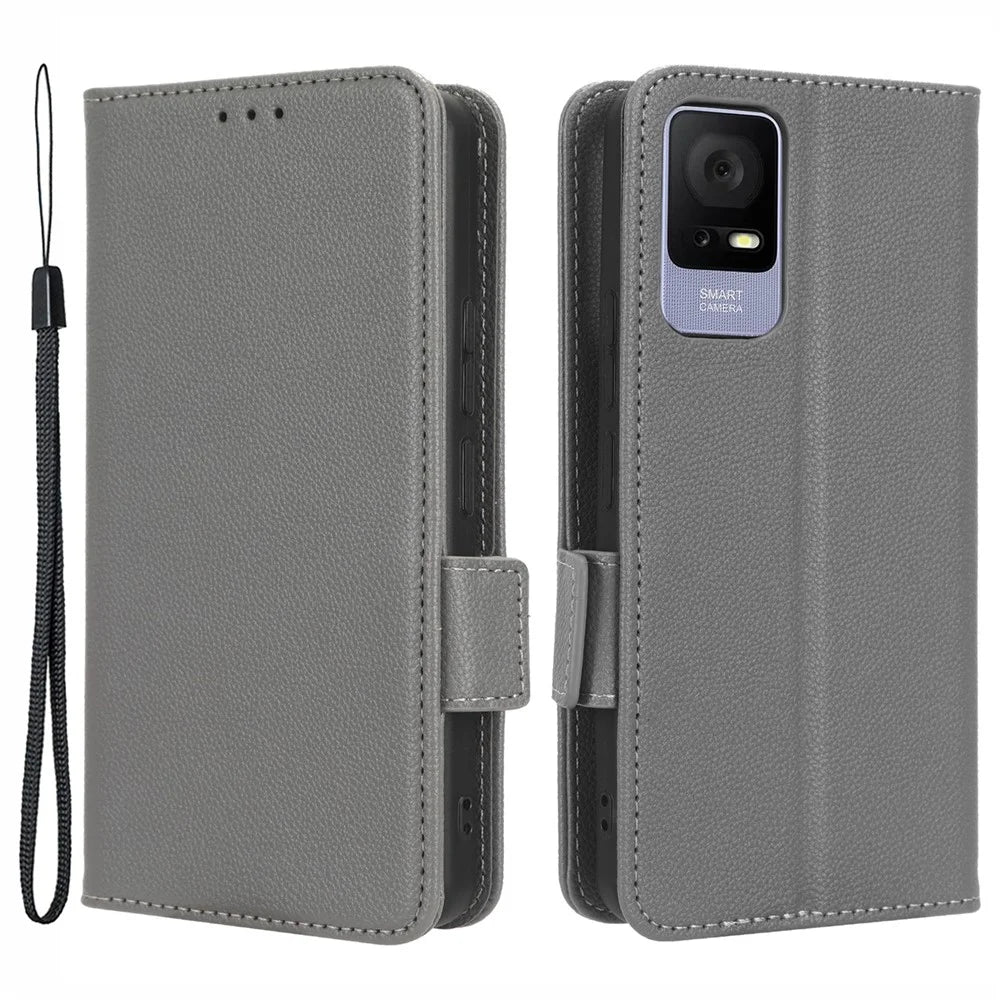 For TCL 405 / 406 / T506D Dual Magnetic Clasp PU Leather Smartphone Case Foldable Stand Litchi Texture Phone Flip Wallet Cover - Grey - 1