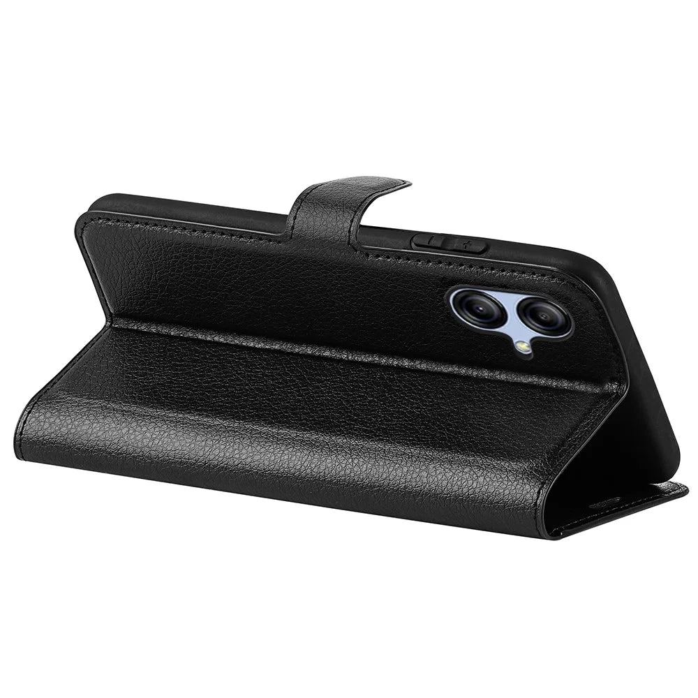 Phone Stand Wallet Cover for Samsung Galaxy A04e 4G / F04 4G / M04 4G , Litchi Texture PU Leather Anti-scratch Phone Flip Case - Black - 4