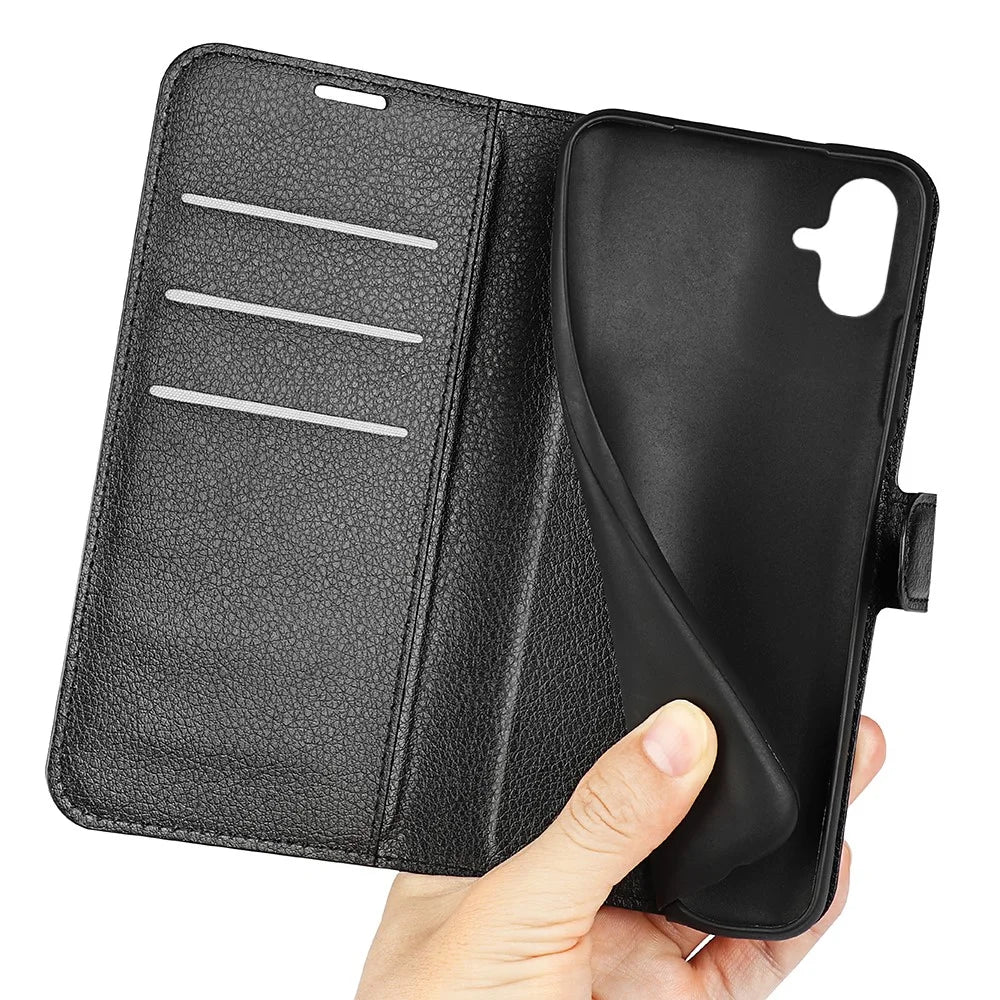 Phone Stand Wallet Cover for Samsung Galaxy A04e 4G / F04 4G / M04 4G , Litchi Texture PU Leather Anti-scratch Phone Flip Case - Black - 5