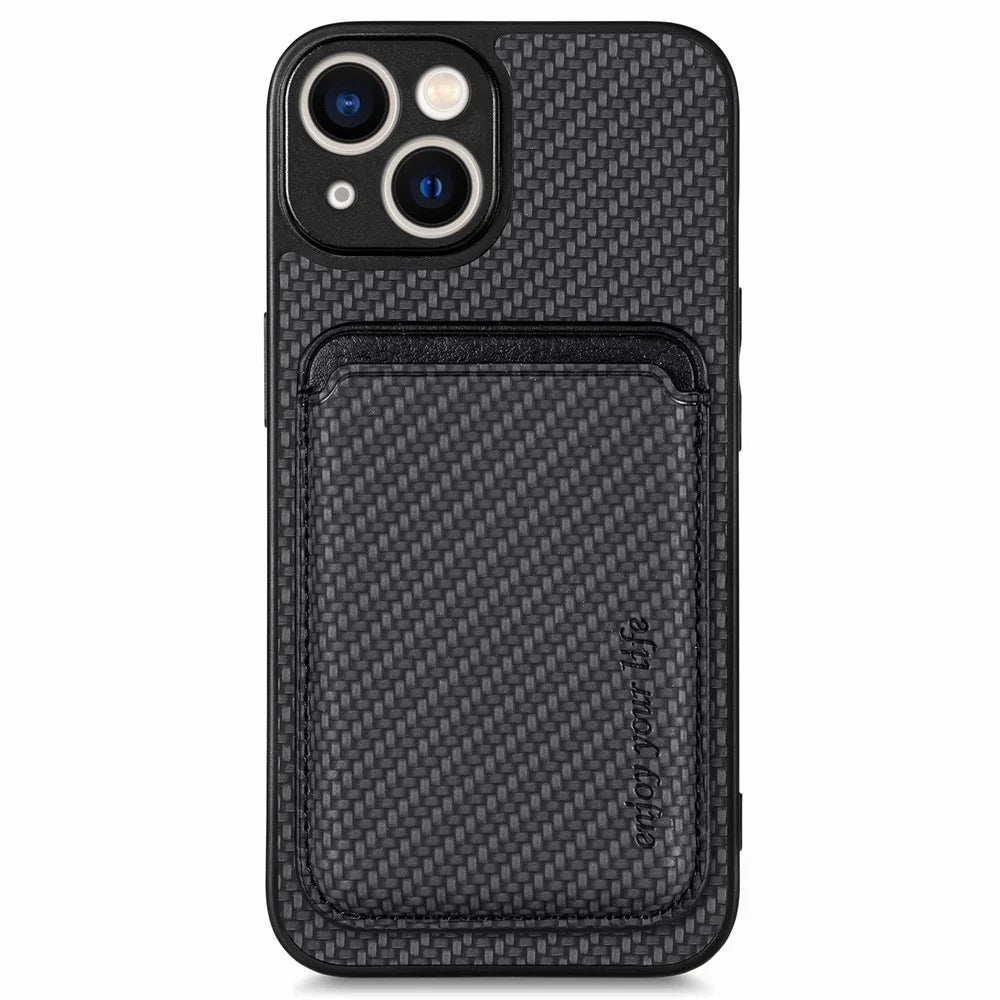 For iPhone 14 Detachable 2-in-1 Magnetic Card Holder Phone Case Carbon Fiber Texture PU Leather + TPU + PC Anti-drop Protective Cover - Black - 1