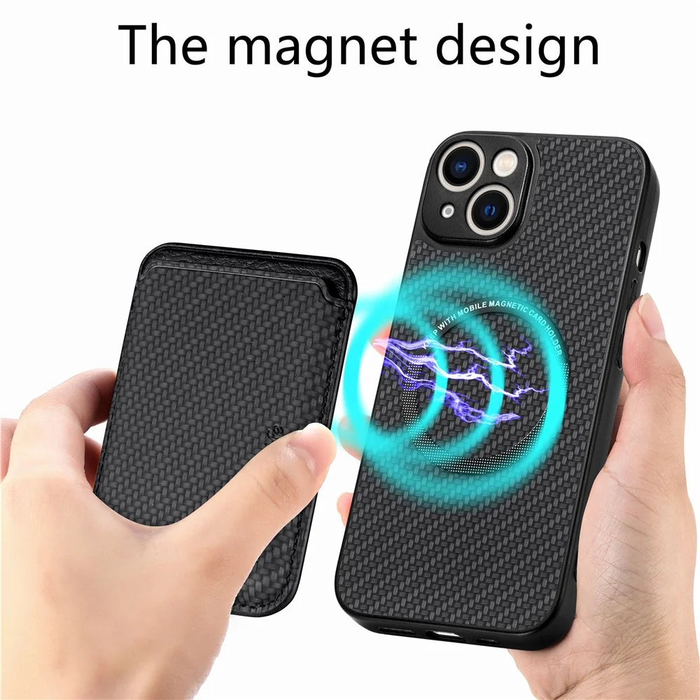 For iPhone 14 Detachable 2-in-1 Magnetic Card Holder Phone Case Carbon Fiber Texture PU Leather + TPU + PC Anti-drop Protective Cover - Black - 2