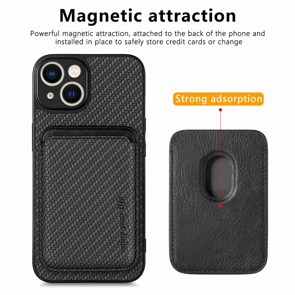 For iPhone 14 Detachable 2-in-1 Magnetic Card Holder Phone Case Carbon Fiber Texture PU Leather + TPU + PC Anti-drop Protective Cover - Black - 3
