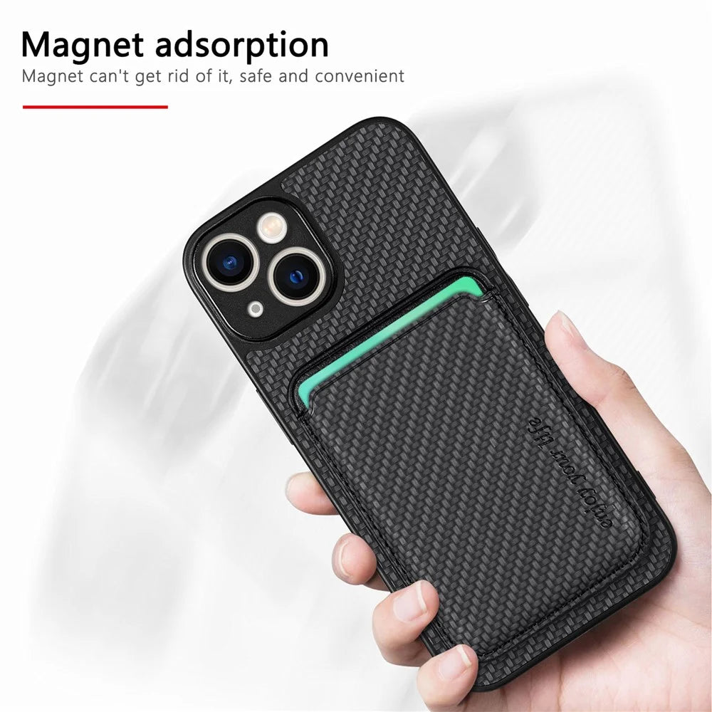 For iPhone 14 Detachable 2-in-1 Magnetic Card Holder Phone Case Carbon Fiber Texture PU Leather + TPU + PC Anti-drop Protective Cover - Black - 4