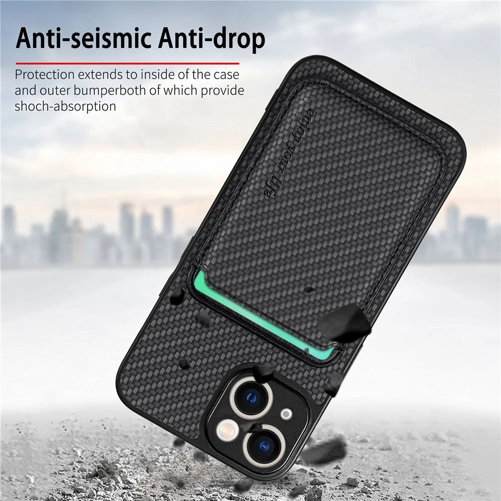 For iPhone 14 Detachable 2-in-1 Magnetic Card Holder Phone Case Carbon Fiber Texture PU Leather + TPU + PC Anti-drop Protective Cover - Black - 5