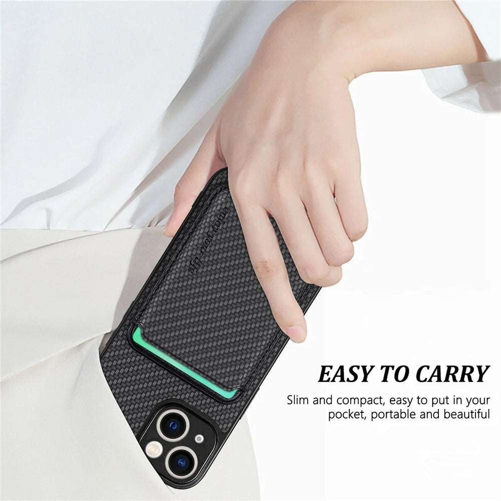 For iPhone 14 Detachable 2-in-1 Magnetic Card Holder Phone Case Carbon Fiber Texture PU Leather + TPU + PC Anti-drop Protective Cover - Black - 6