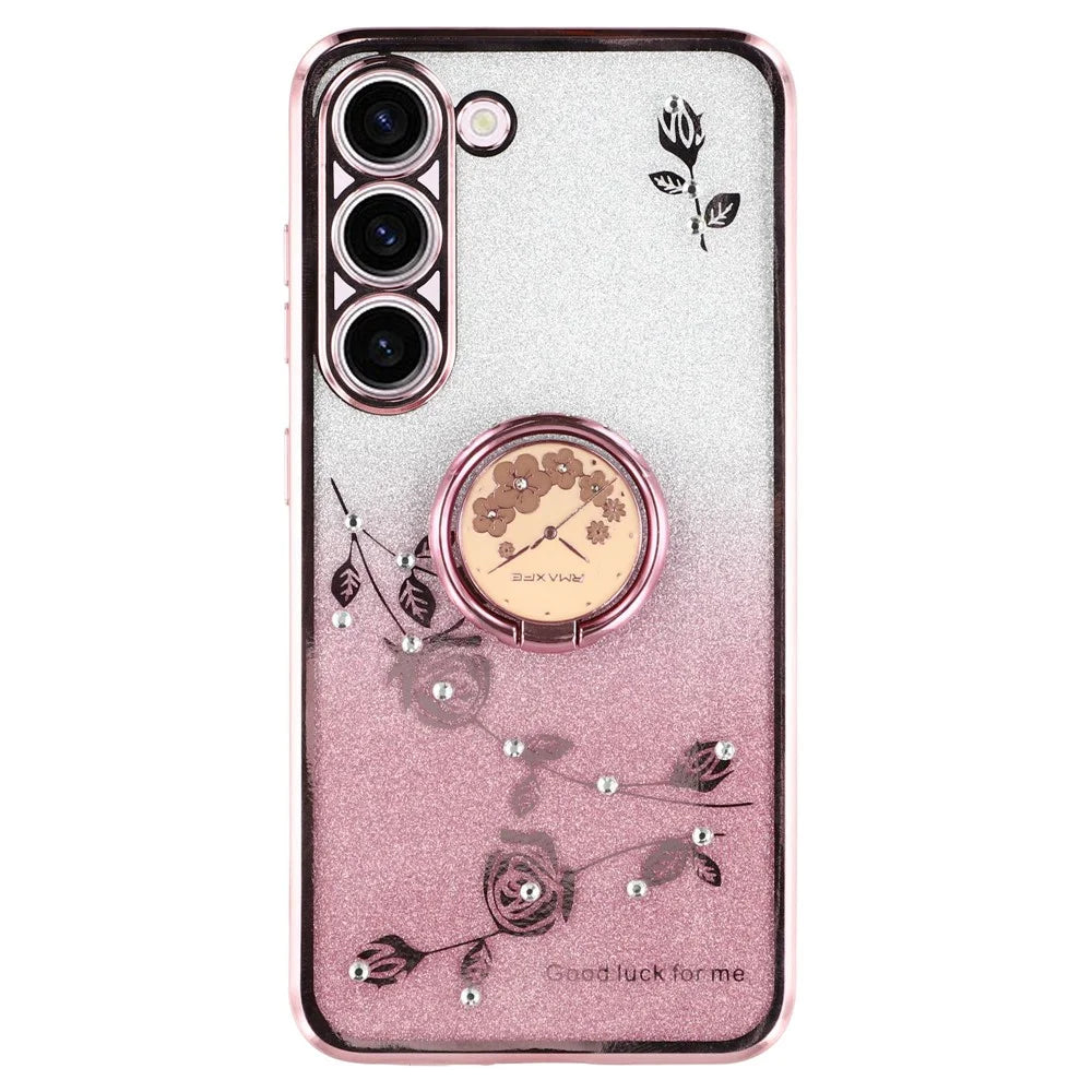 KADEM For Samsung Galaxy S22+ 5G TPU Case with Kickstand Glitter Flower Pattern Rhinestone Decor - Rose Gold - 1
