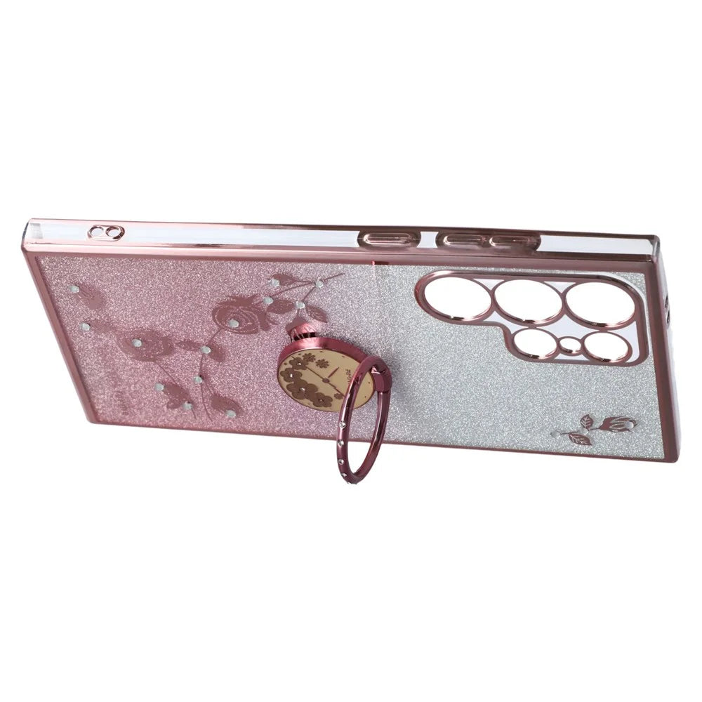 KADEM For Samsung Galaxy S22 Ultra 5G TPU Cover with Kickstand Flower Pattern Rhinestone Decor Phone Back Case - Rose Gold - 4