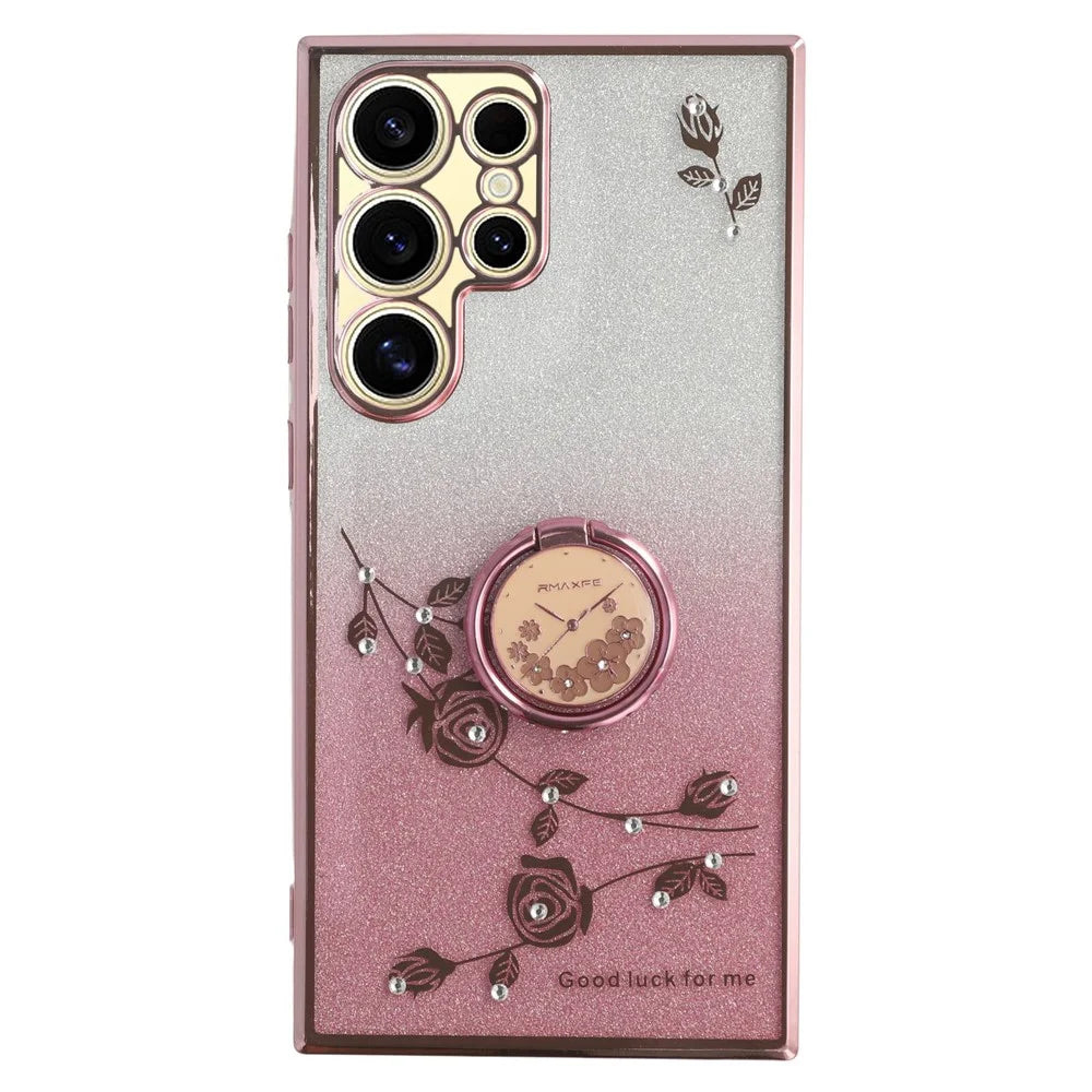 KADEM For Samsung Galaxy S23 Ultra TPU Case with Kickstand Rhinestone Decor Phone Back Cover - Rose Gold - 1