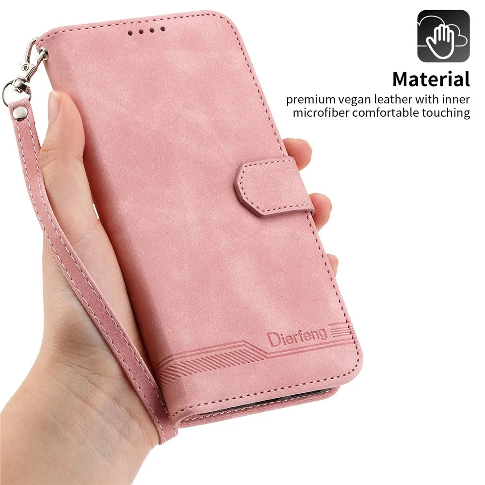 DIERFENG DF-03 for iPhone 14 Pro Max PU Leather Case Lines Imprinted Shockproof Phone Wallet Stand Cover - Pink - 4