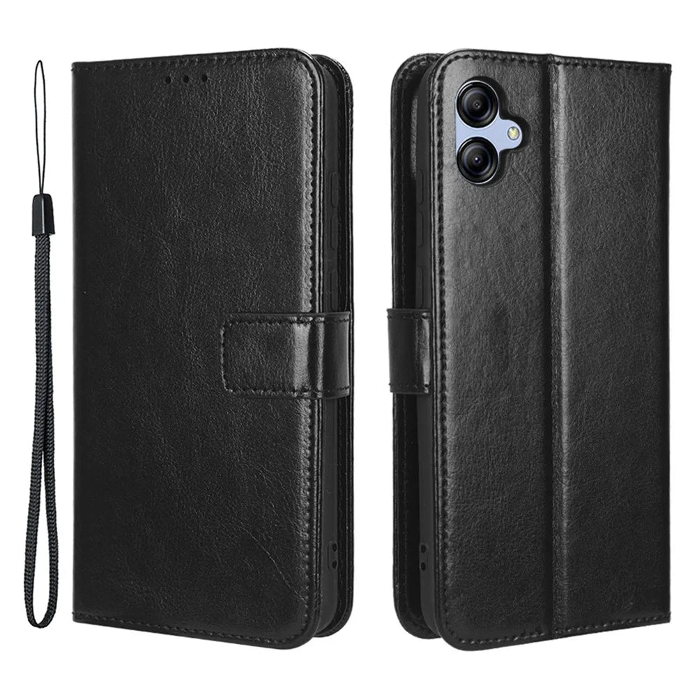 Drop-proof Phone Case For Samsung Galaxy A04e 4G / F04 4G / M04 4G, Crazy Horse Texture Magnetic Flip Wallet Stand PU Leather Cell Phone Cover with Strap - Black - 1
