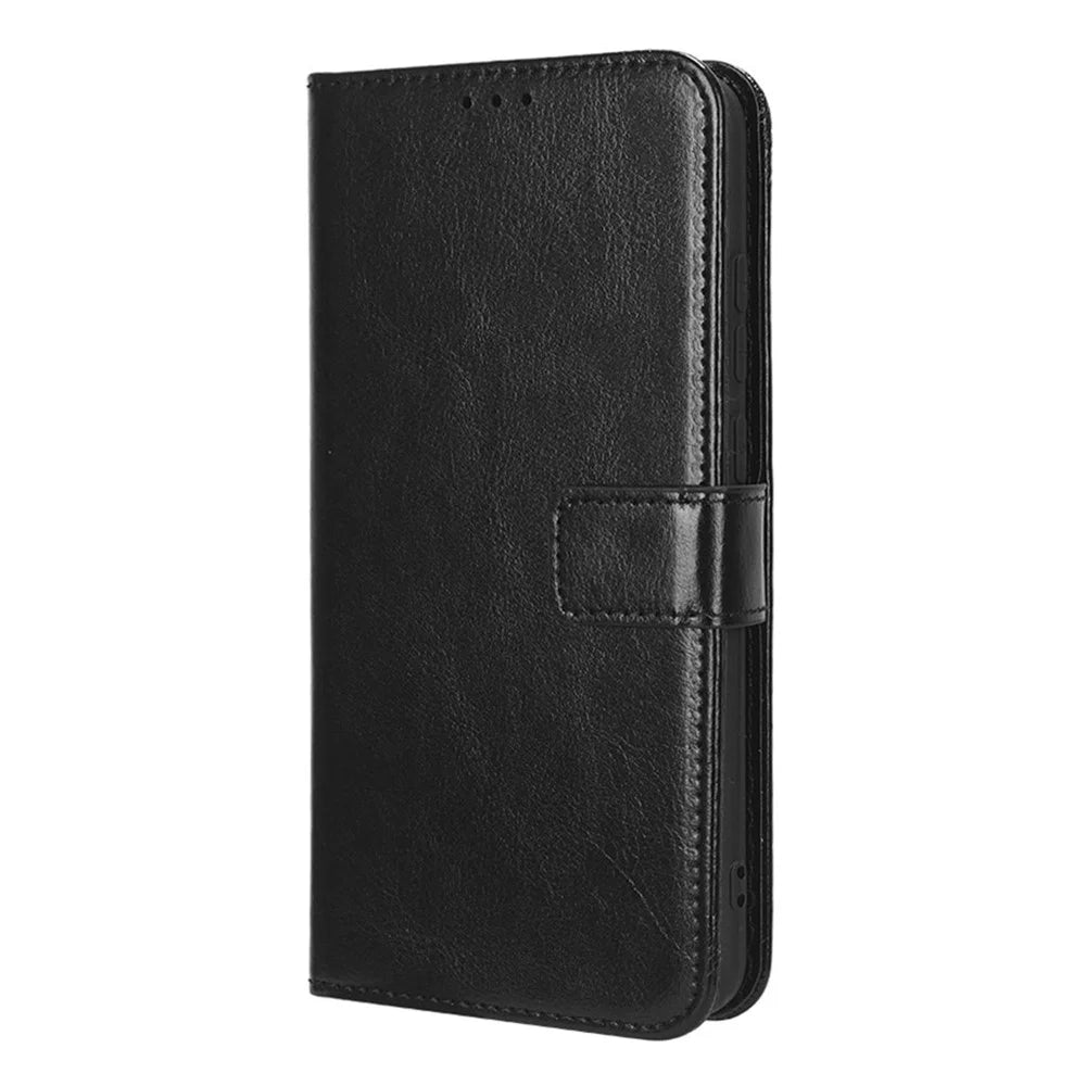 Drop-proof Phone Case For Samsung Galaxy A04e 4G / F04 4G / M04 4G, Crazy Horse Texture Magnetic Flip Wallet Stand PU Leather Cell Phone Cover with Strap - Black - 6