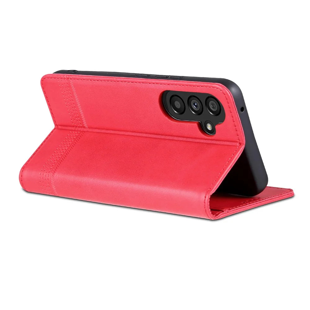 AZNS For Samsung Galaxy A34 5G Anti-drop Cowhide Texture Phone Case Stand Wallet PU Leather Magnetic Auto-absorbed Protective Folio Flip Phone Cover - Red - 4