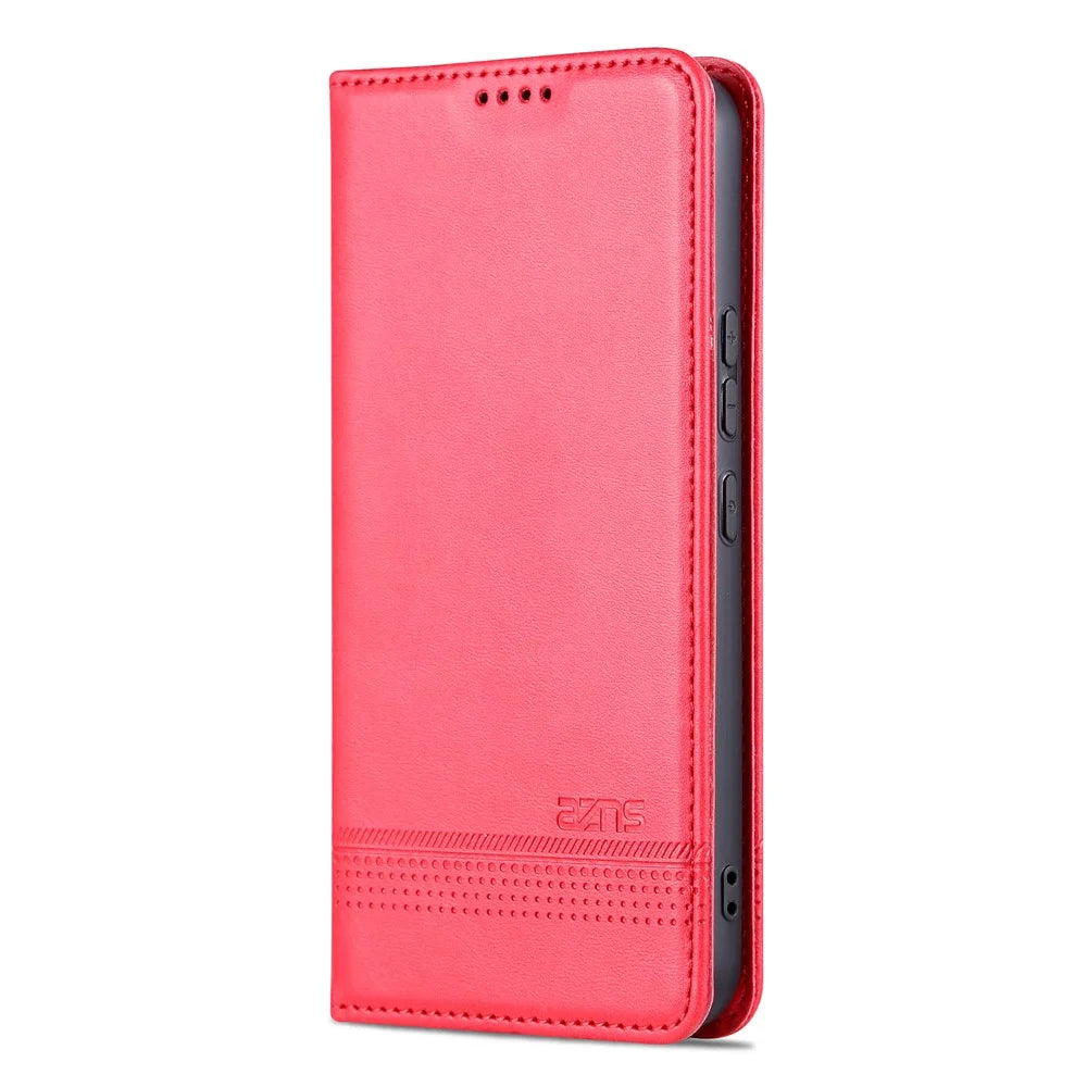 AZNS For Samsung Galaxy A34 5G Anti-drop Cowhide Texture Phone Case Stand Wallet PU Leather Magnetic Auto-absorbed Protective Folio Flip Phone Cover - Red - 7