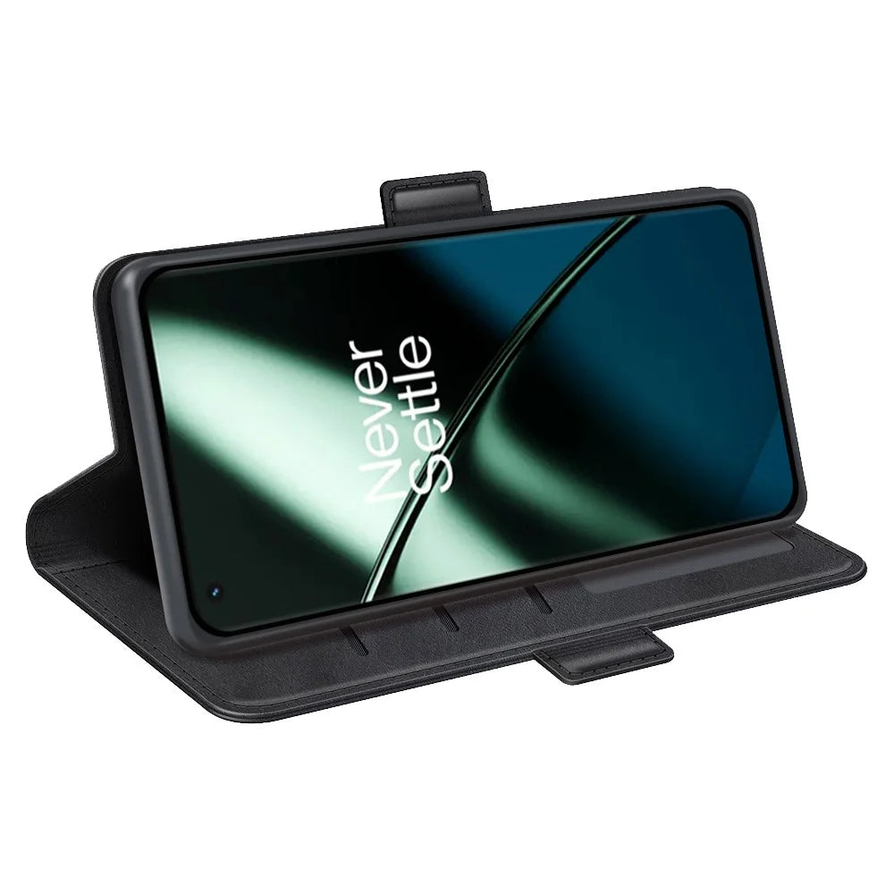 For OnePlus 11 5G Calf Texture PU Leather Phone Case Dual Magnetic Clasp Protective Cover with Stand Wallet - Black - 3