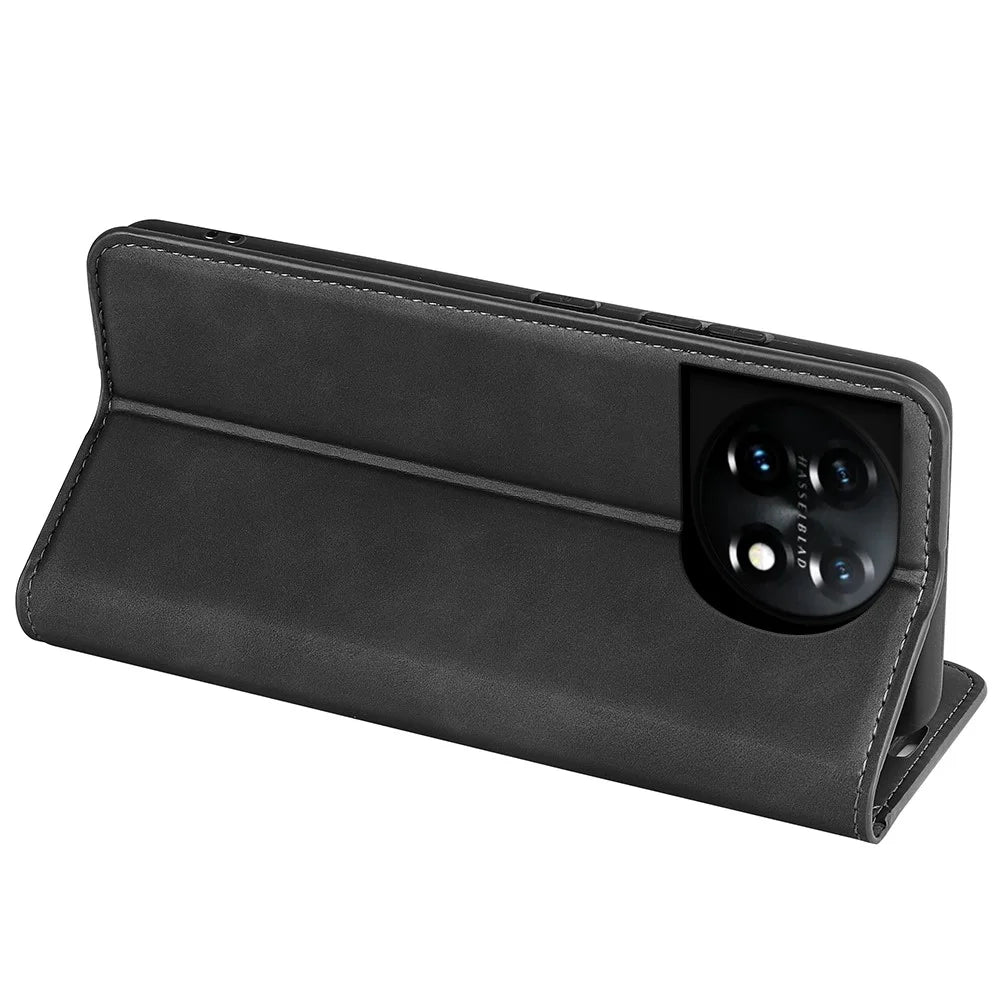 For OnePlus 11 5G Skin-touch Feeling Magnetic Auto-absorbed Wallet Case Fully Wrapped PU Leather Stand Flip Phone Cover - Black - 4