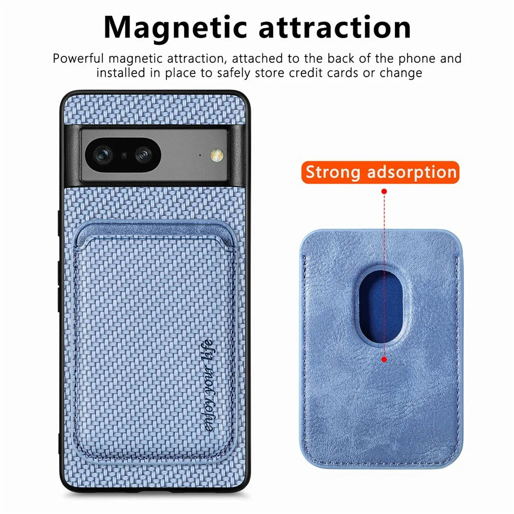 For Google Pixel 7a 5G Carbon Fiber Texture Drop-proof Case Detachable Magnetic Card Holder PC + TPU + PU Leather Protective Cover - Blue - 3