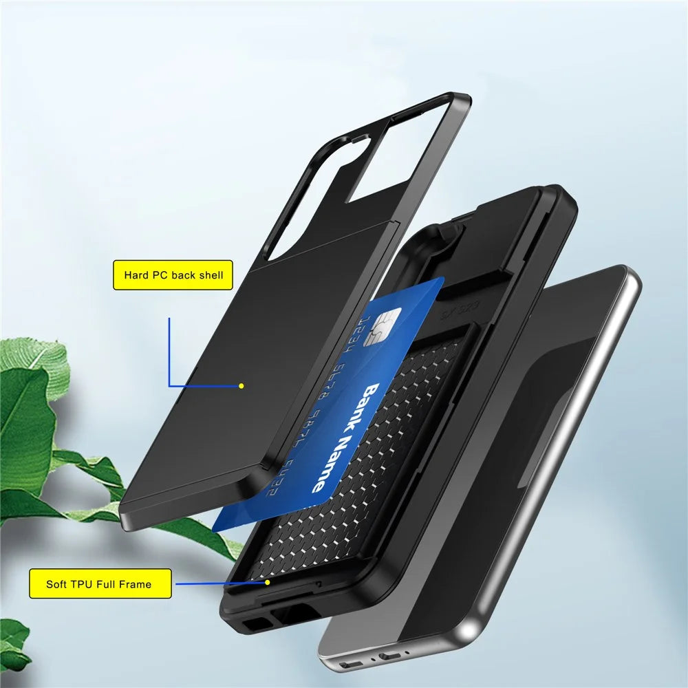 Cell Phone Case for Samsung Galaxy S23, Sliding Card Holder PC + TPU Anti-drop Cover - Black - 6