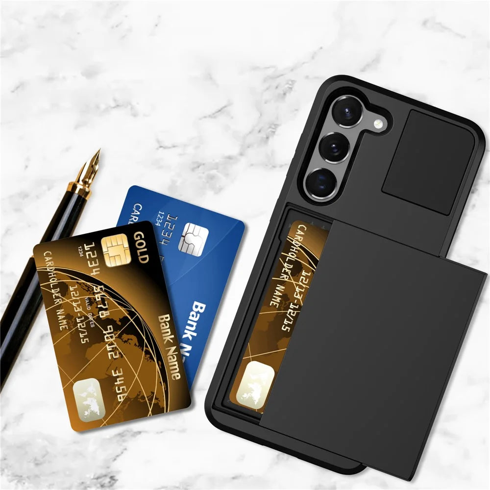 Sliding Card Slot Phone Cover for Samsung Galaxy S23+, PC + TPU Anti-scratch Hybrid Case - Black - 2