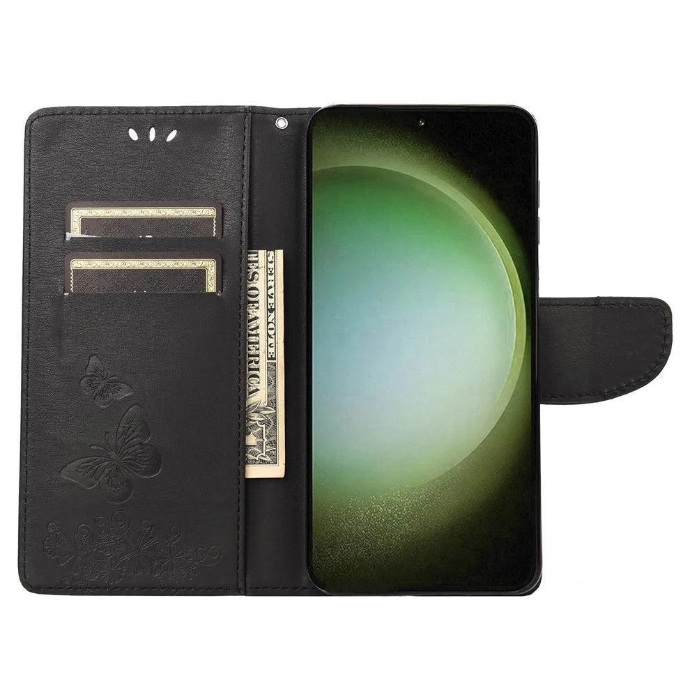 Anti-drop Phone Cover for Samsung Galaxy S23 Ultra, PU Leather Phone Case Wallet Butterflies Flower Imprinting Shell with Stand - Black - 2