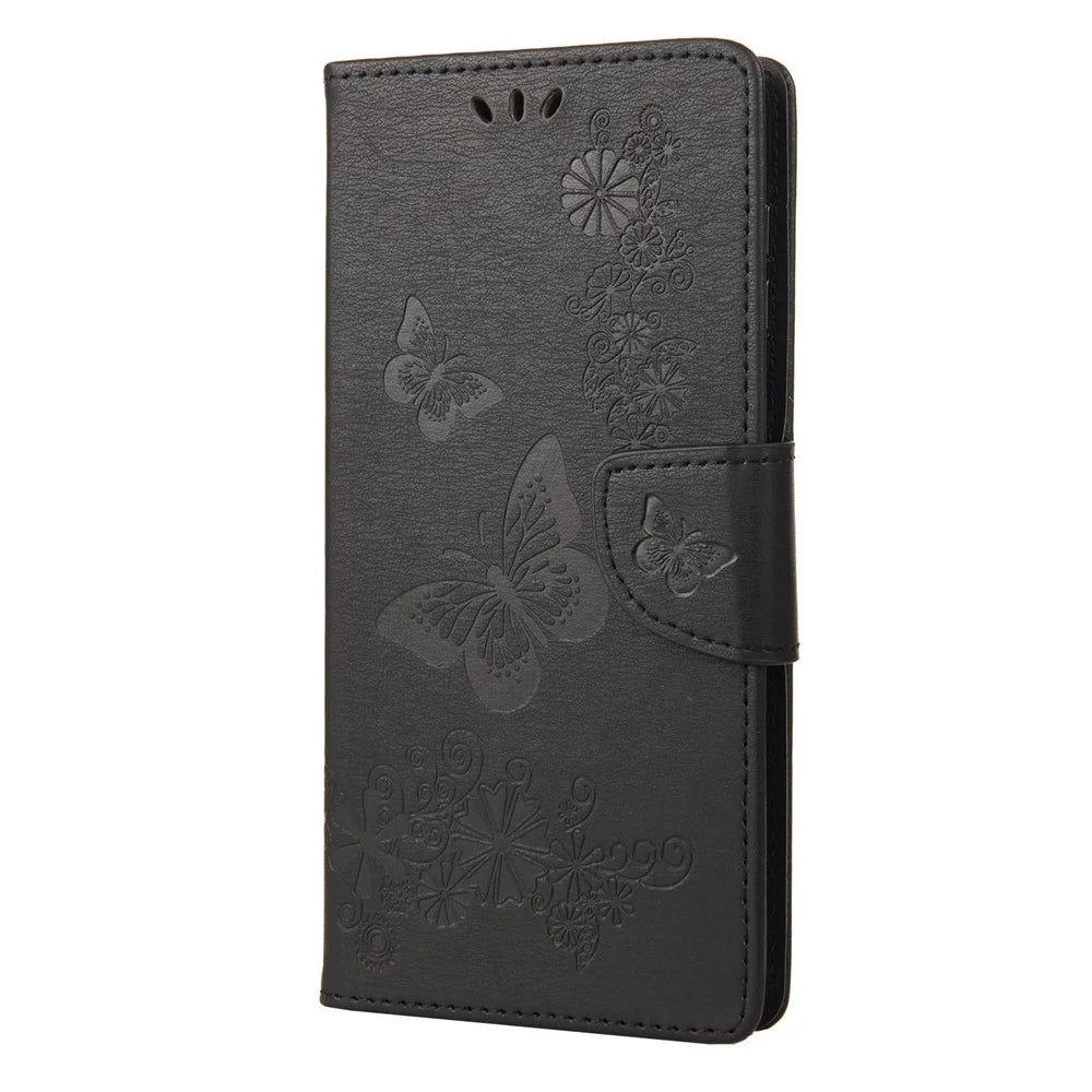 Anti-drop Phone Cover for Samsung Galaxy S23 Ultra, PU Leather Phone Case Wallet Butterflies Flower Imprinting Shell with Stand - Black - 6