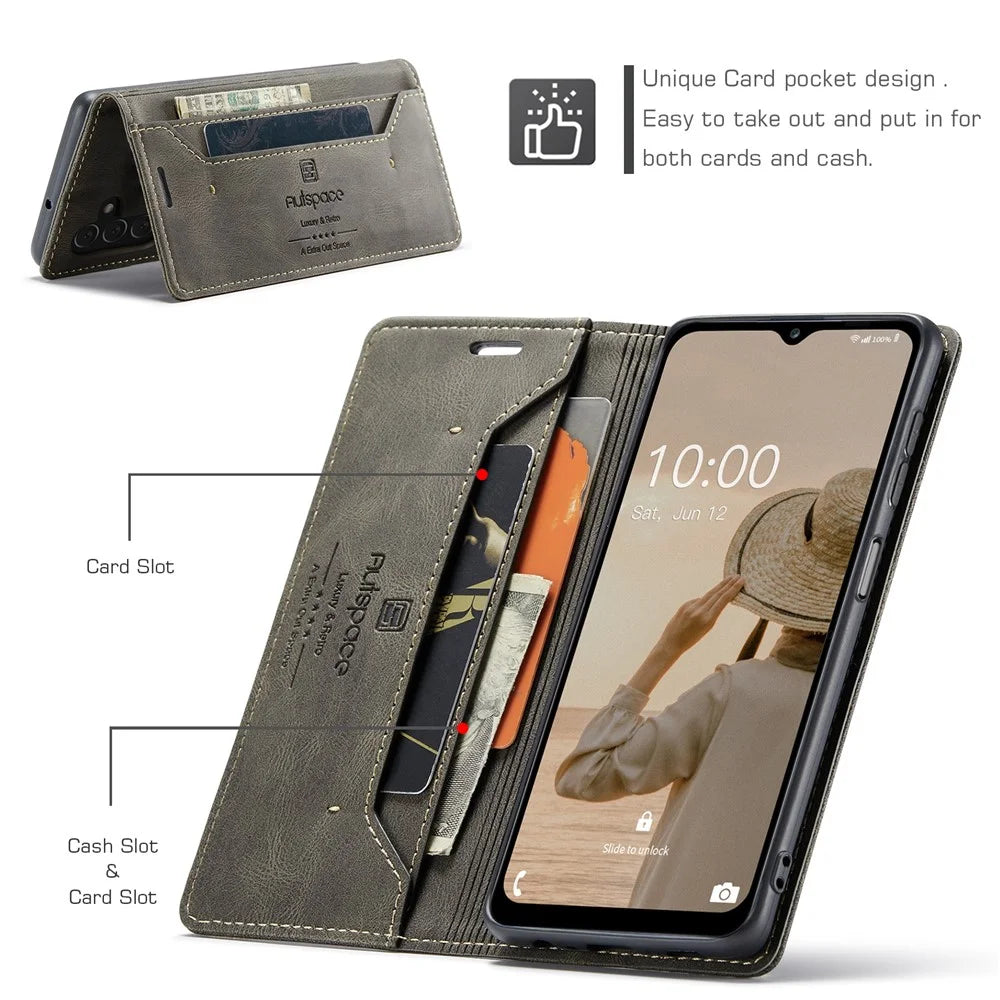AUTSPACE A01 Series Flip Leather Case for Samsung Galaxy A14 5G / A14 4G RFID Blocking Phone Case Stand Retro Wallet Phone Cover - Coffee - 4