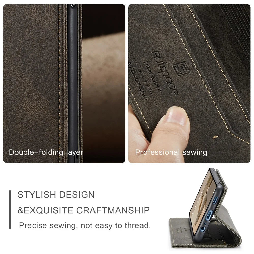 AUTSPACE A01 Series Flip Leather Case for Samsung Galaxy A14 5G / A14 4G RFID Blocking Phone Case Stand Retro Wallet Phone Cover - Coffee - 6