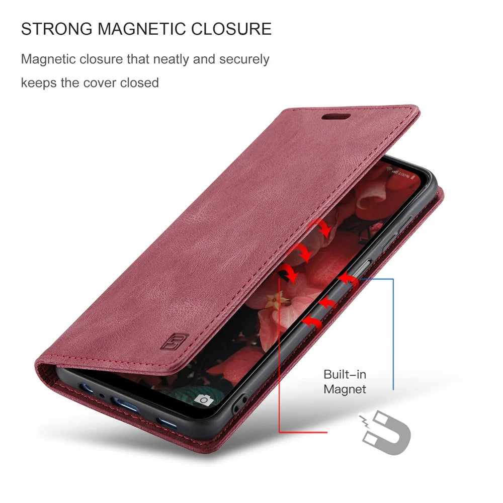 AUTSPACE Wallet Phone Case for Samsung Galaxy A34 5G RFID Blocking Flip Leather Cover A01 Series Retro Stand Phone Cover - Red - 7