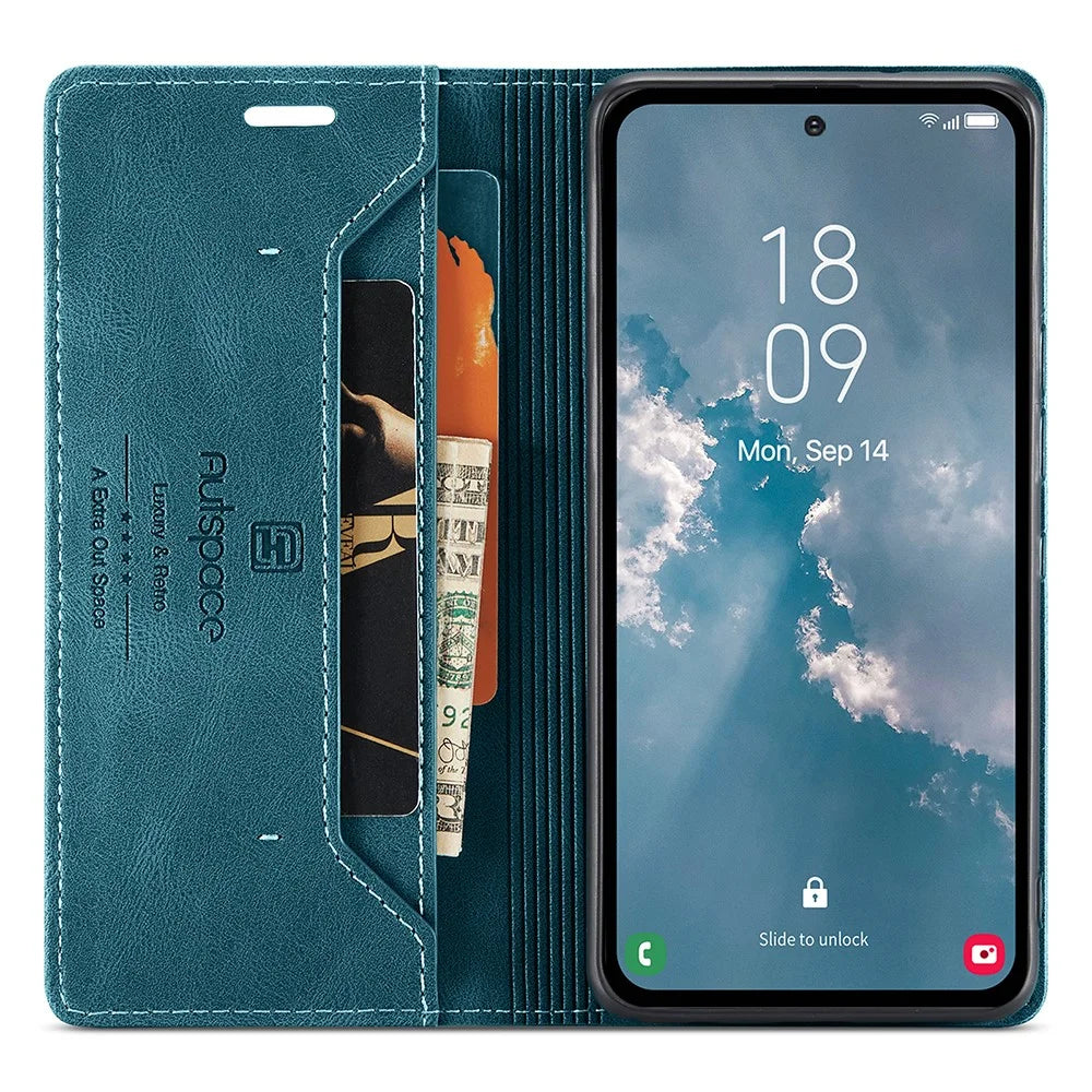 AUTSPACE A01 Series for Samsung Galaxy A54 5G RFID Blocking Phone Case Leather Stand Retro Texture Matte Wallet Cover - Blue - 2