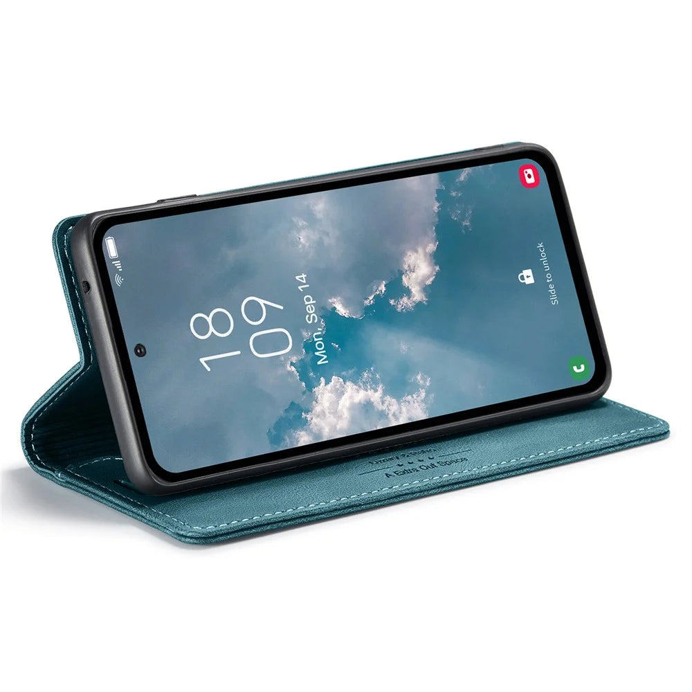 AUTSPACE A01 Series for Samsung Galaxy A54 5G RFID Blocking Phone Case Leather Stand Retro Texture Matte Wallet Cover - Blue - 3