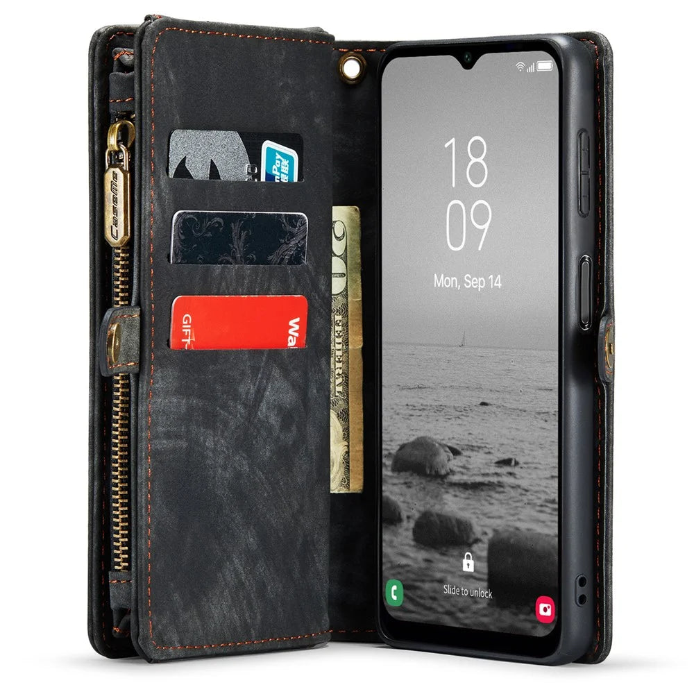 CASEME 008 Series for Samsung Galaxy A14 5G / A14 4G Zipper Pocket Design PU Leather Case Detachable Phone Stand Wallet Cover - Black - 5