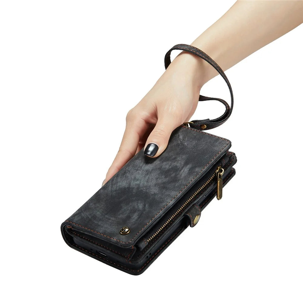 CASEME 008 Series for Samsung Galaxy A14 5G / A14 4G Zipper Pocket Design PU Leather Case Detachable Phone Stand Wallet Cover - Black - 7
