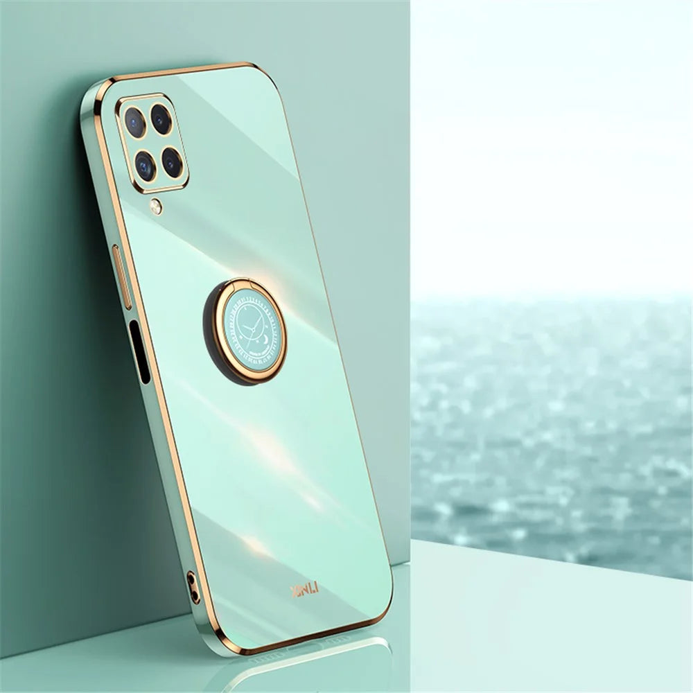 XINLI Back Shell for Samsung Galaxy A12, Electroplating Golden Edge Ring Kickstand Case Soft TPU Cover - Cyan - 2