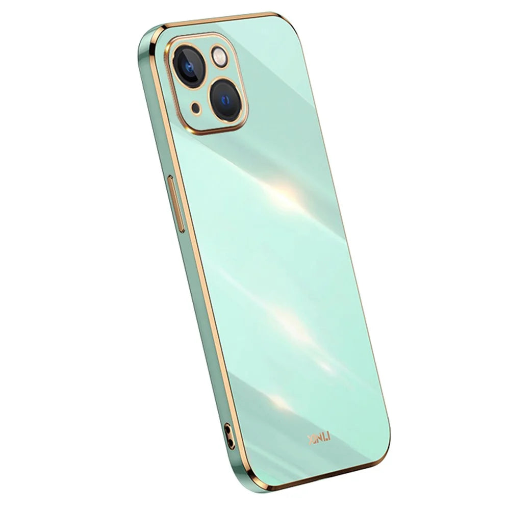 XINLI For iPhone 14 Soft TPU Protective Cover Electroplating Golden Edge Phone Case - Cyan - 1