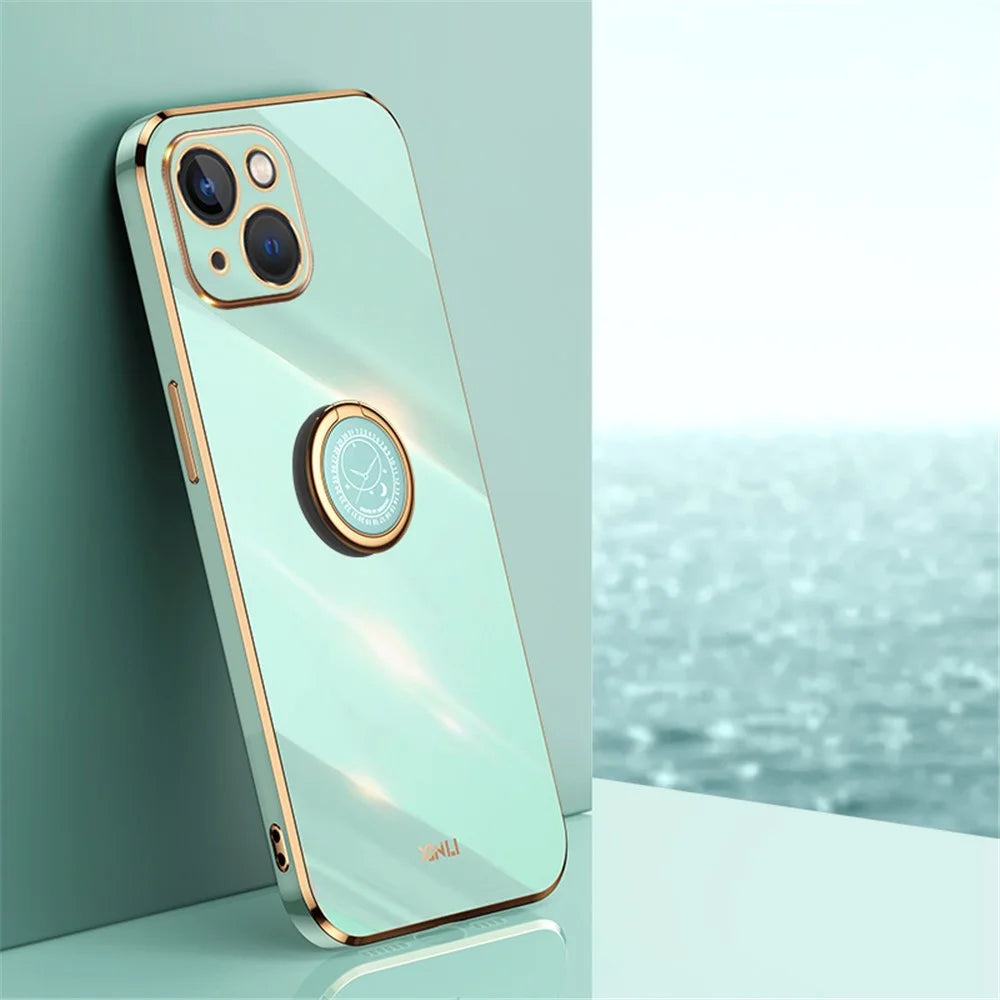 XINLI Ring Kickstand Back Shell for iPhone 13 mini 5.4 inch, Anti-drop Electroplating Golden Edge Case Soft TPU Cover - Cyan - 2