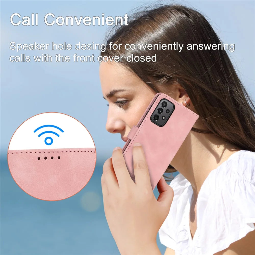 DIERFENG DF-03 Leather Phone Case for Samsung Galaxy A23 5G (Global Version) / A23 4G, Lines Imprinted Wallet Stand Phone Cover - Pink - 5