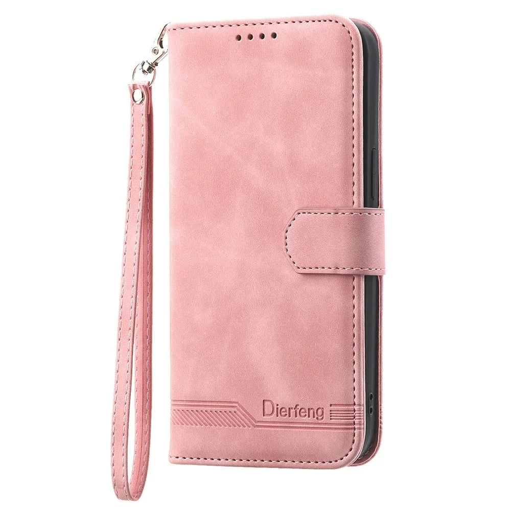 DIERFENG DF-03 Leather Phone Case for Samsung Galaxy A23 5G (Global Version) / A23 4G, Lines Imprinted Wallet Stand Phone Cover - Pink - 6