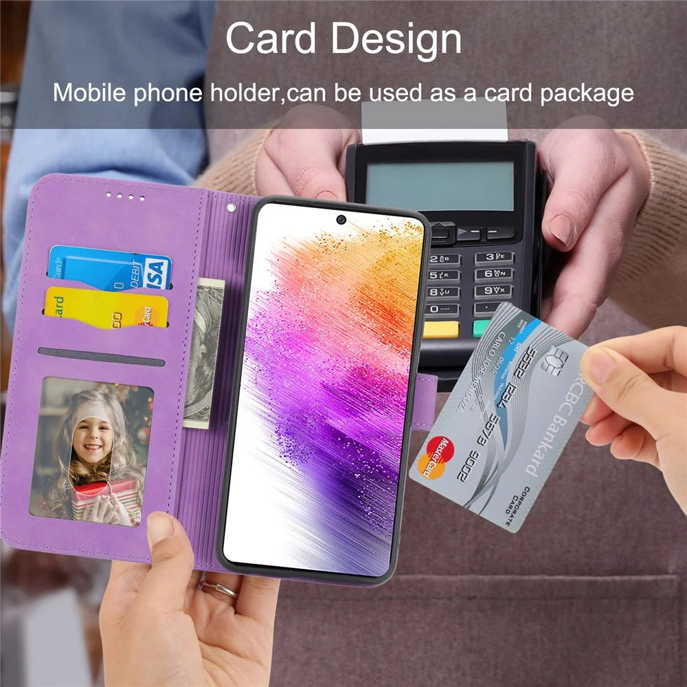 DIERFENG DF-03 Cell Phone Case for Samsung Galaxy A73 5G, Lines Imprinted Stand Wallet Phone Leather Cover - Purple - 3