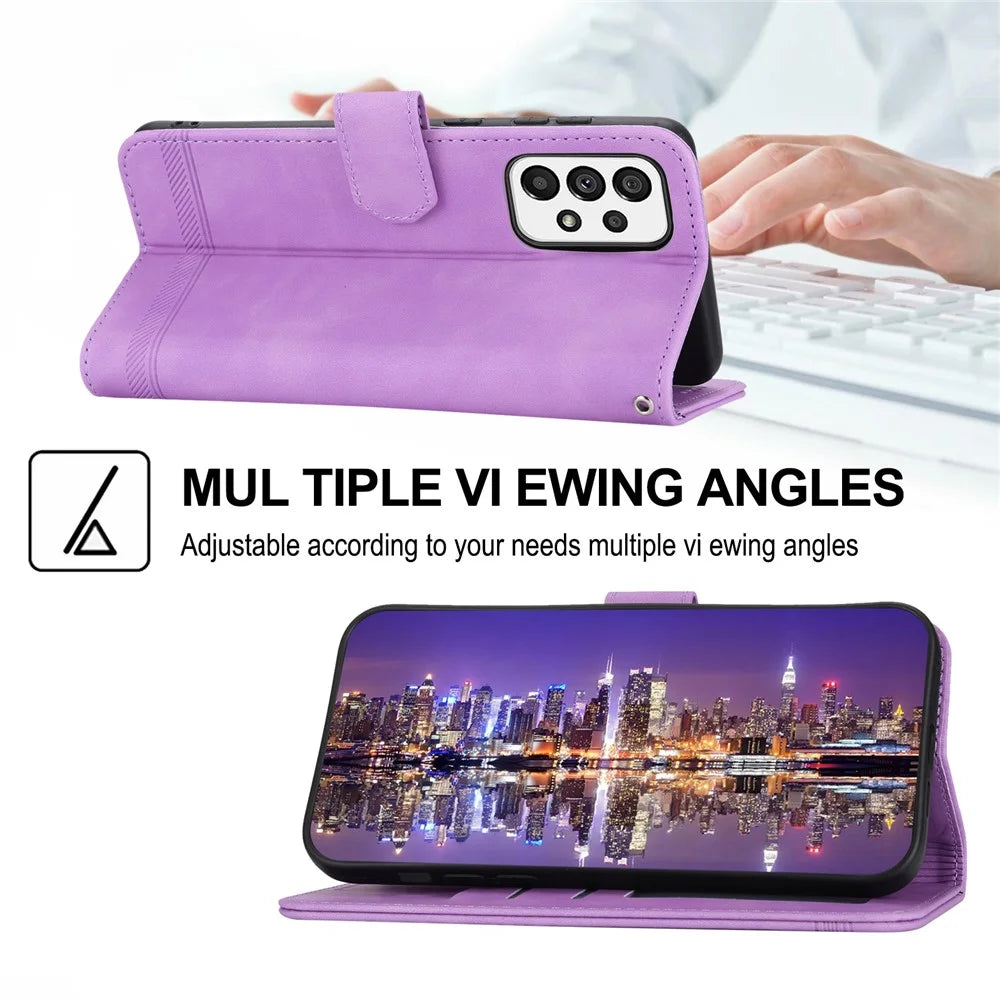 DIERFENG DF-03 Cell Phone Case for Samsung Galaxy A73 5G, Lines Imprinted Stand Wallet Phone Leather Cover - Purple - 4