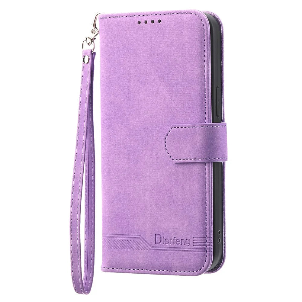 DIERFENG DF-03 Cell Phone Case for Samsung Galaxy A73 5G, Lines Imprinted Stand Wallet Phone Leather Cover - Purple - 6