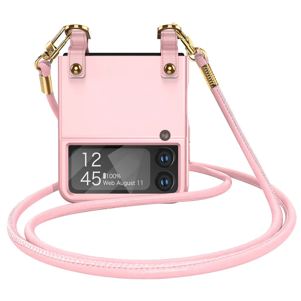 GKK Crossbody Phone Case for Samsung Galaxy Z Flip4 5G, Ultra-thin Leather Coated PC Phone Cover with Shoulder Strap - Pink - 1